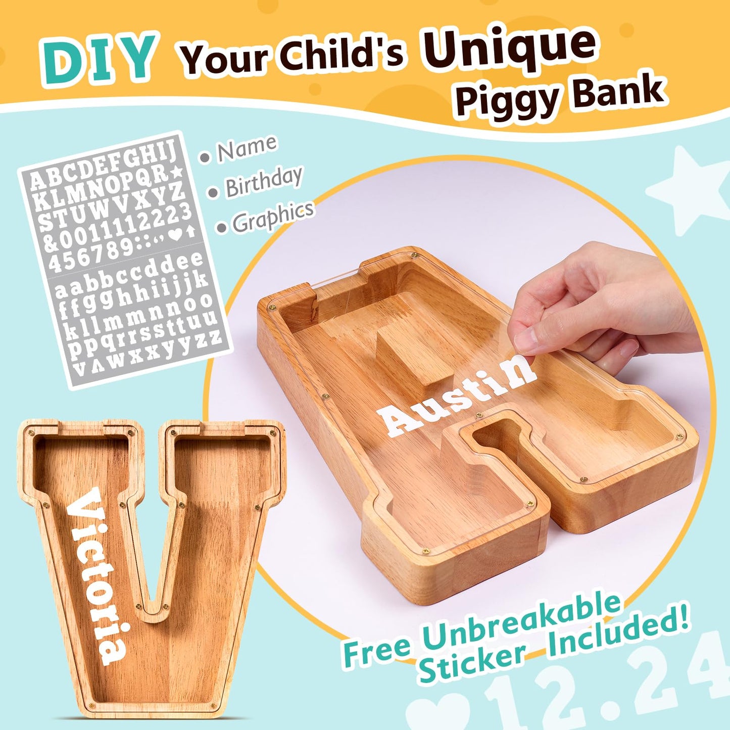 SummiDate Wooden Letter Piggy Bank| Piggy Bank for Boys Girls Toddler| Alphabet V Money Bank| Coin Bank Birthday Gift for Kids|Birthday Gift for Kids (V)