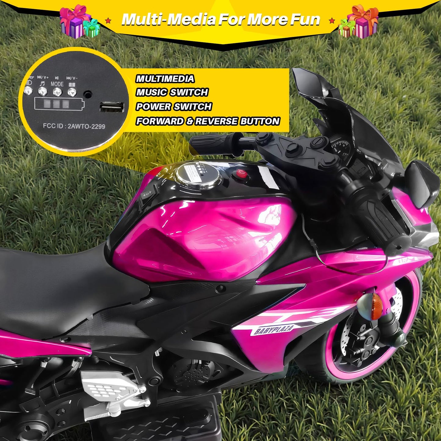 Blitzshark 12V Electric Motorcycle  Kids Motorcycle with Training Wheel  7AH Battery Ride On Motorbike for Kids  3.2 MPH Max Speed  Twist Grip Throttle  Brake Pedal  Soft Tires Extra Long Seat  Pink