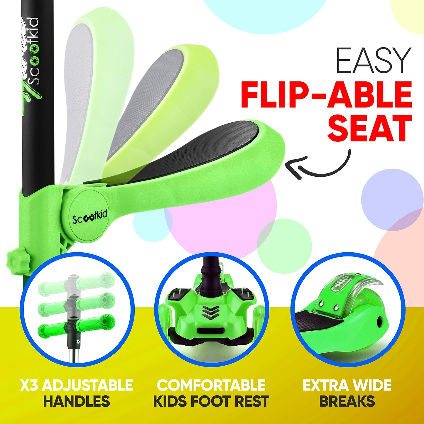 Hurtle 3 Wheeled Scooter for Kids - 2-in-1 Sit/Stand Child Toddlers Toy Kick Scooters w/ Flip-out Seat, Adjustable Height, Wide
