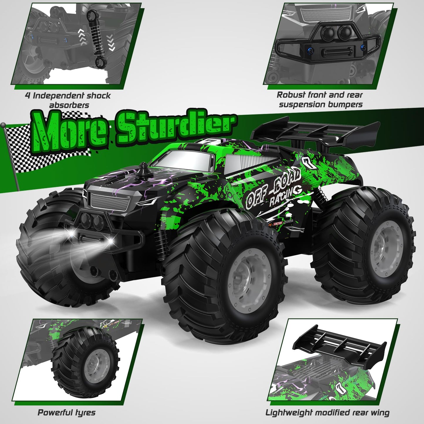 Hielse Remote Control Car, All-Terrain Remote Control Car for Boys, Rechargeable Rc Truck with LED, 1:20, 10KM/H, 2 Motors, 2.4G