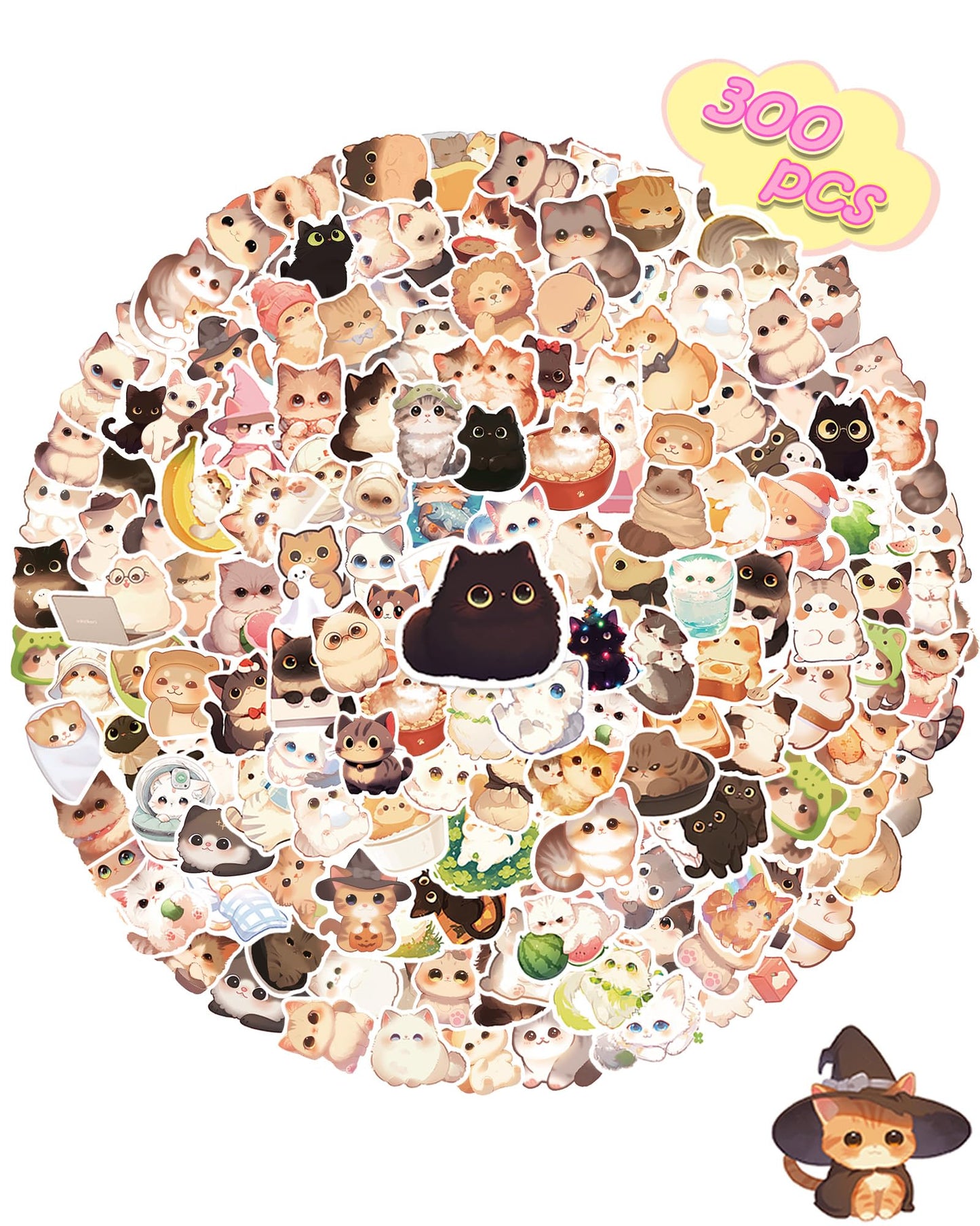300 Pcs Cat Stickers For Kids, Cute Water Bottle Stickers Kawaii Stuff For Classroom Prize, Cute Things Vinyl Students Gifts Cat