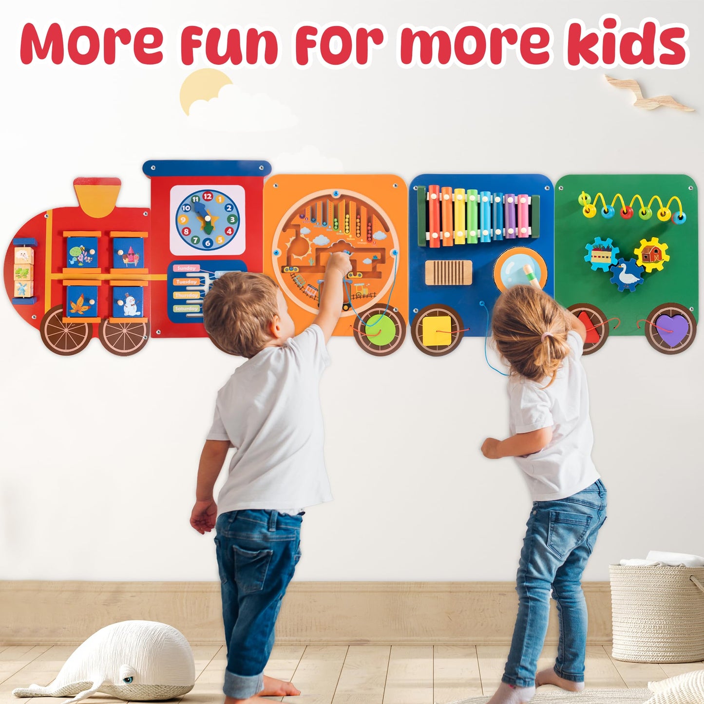 Train Activity Wall Busy Board Panels | 11-in-1 Wooden Sensory Wall Panel for Kids, Toddler Montessori Learning Activity Center,