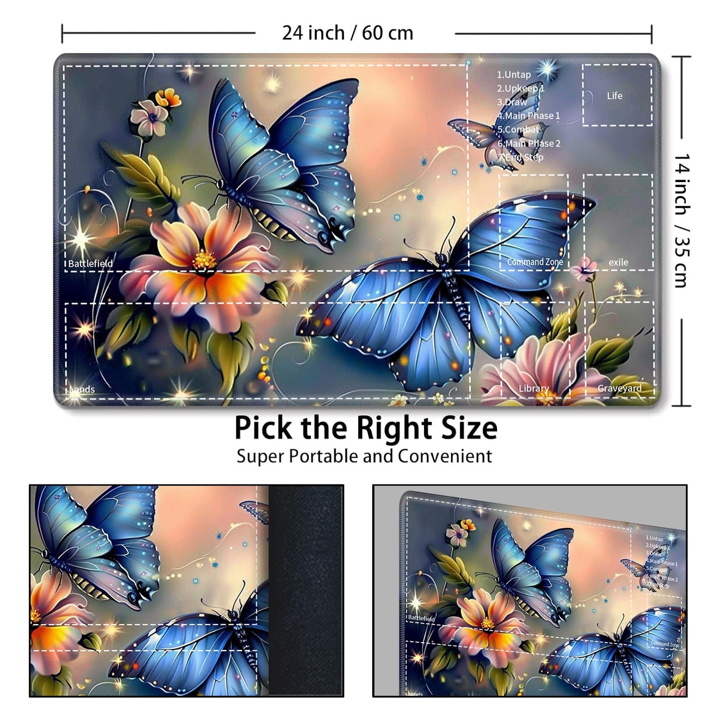 for MTG Card Playmat with Zone Game Play Mat for MTG TCG 24 x 14 inches Non-Slip Play Mat for Commander Board RPG CCG Game TCG Other Card Games/Mouse Pad-Blue Butterfly