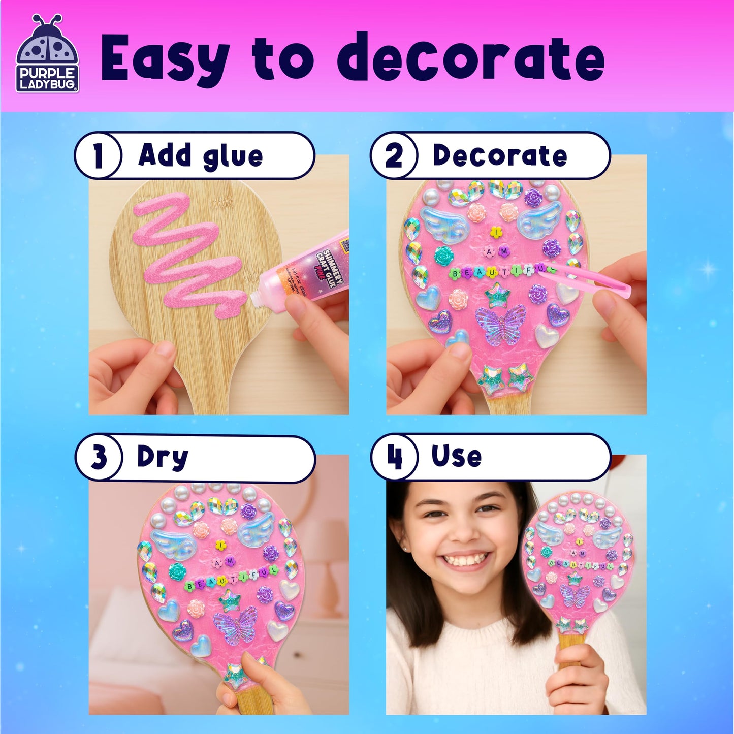 PURPLE LADYBUG Decorate Your Own Bling Out Mirror Craft Kit for Girls - DIY Craft Set with Wooden Handheld Mirror, Gems, & Beads