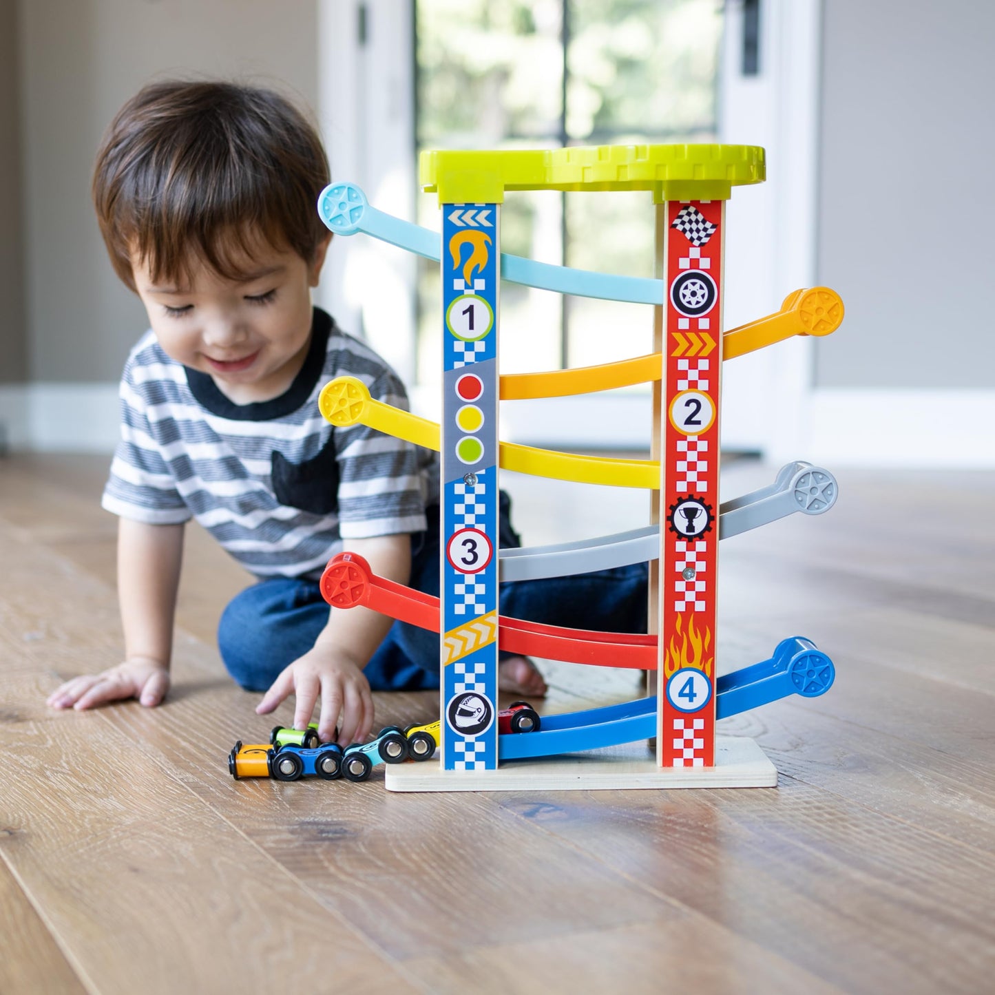 Fat Brain Toys Zigzag Racetrack - Number-Learning Car Tower for Preschoolers, 15 x 12.5 x 4 inches, Mixed Materials, Model FB424