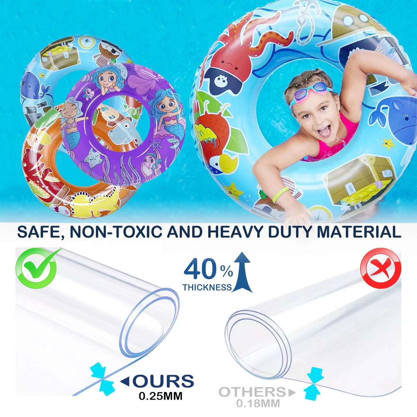 3-Pack Kids Pool Floats with Dinosaur/Pirate/Mermaid Design - Pool Toys for Toddler, 27.5 Inflatable Swim Rings, Inner Tube for