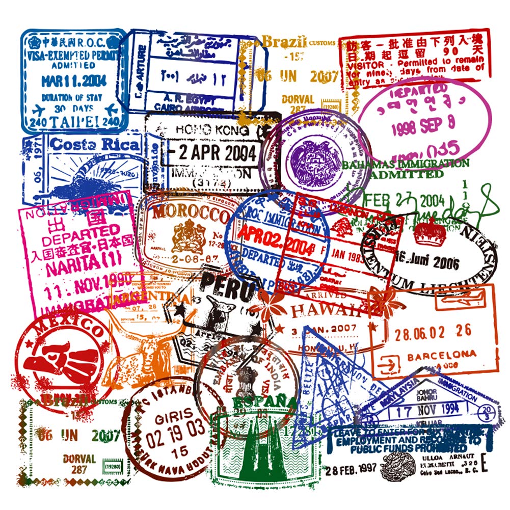 Vinyl Travel Immigration Postmark Stickers 50 Pcs Suitcase Stickers Pack Waterproof Decals For Water Bottle Laptops Ipad Cars Lu