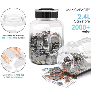 X-Large Piggy Bank For Adults Kids, Vcertcpl Digital Coin Counting Bank With Lcd Counter, 2.4L Capacity, Great Coin Counter Bank Money Counting Jar With Total Amount Displayed (Silver, X-Large)