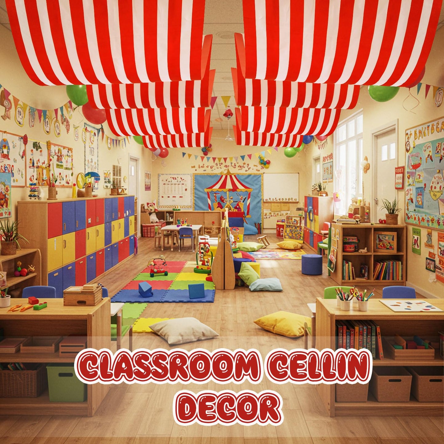 HunnmingRe Circus Halloween Decorations - 32" x 16ft Red & White Hanging Banner, Polyester Ceiling Decor for Parties & Classrooms