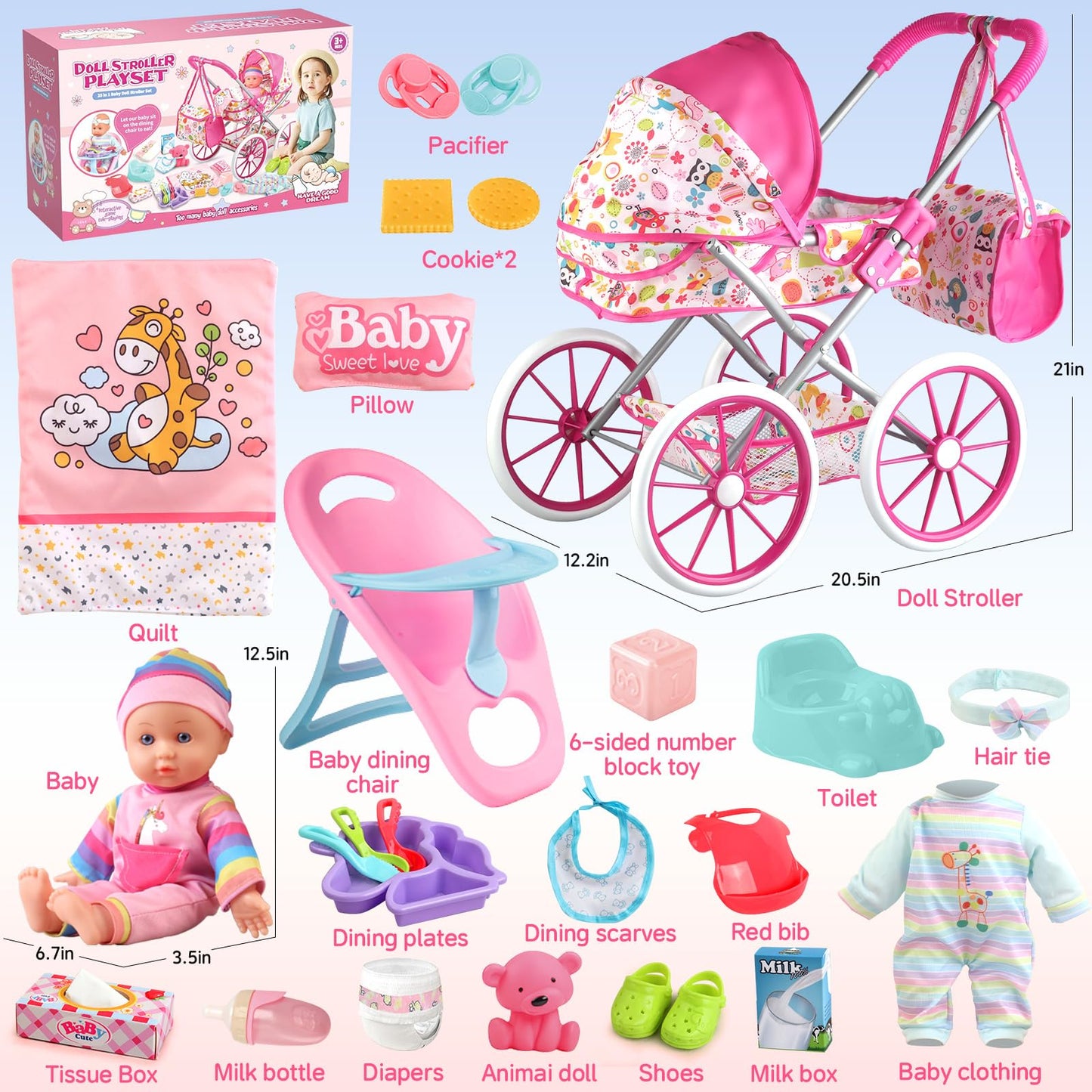 Baby Doll Stroller Toys Set With 12.5'' Baby Doll,Dining Chair,Quilt Pillow,24 Pcs Baby Doll Accessories And 2 Sets Doll Clothes
