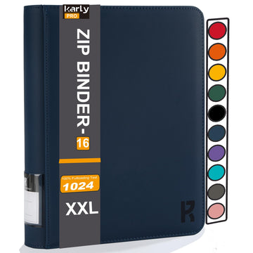 KarlyPro enhanced 1000+ Pockets Card Binder  16-Pocket Ringless Trading Card Album Folder Tag Design -Double Side Loading UltraSonic-32 1024 Tech Zip Binder for TCG-Blue