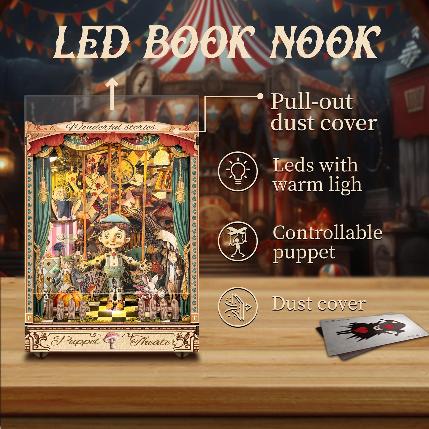 STRUCWOOD mature-themed Book Nook Kit  DIY Mini Dollhouse Book Corner Kit with LED Light and Dust Shield  mature-themed 3D Wooden Bookshelf Puzzle Book Corner Insertion Decorative Crafts - Puppet Theater (SQ-33)