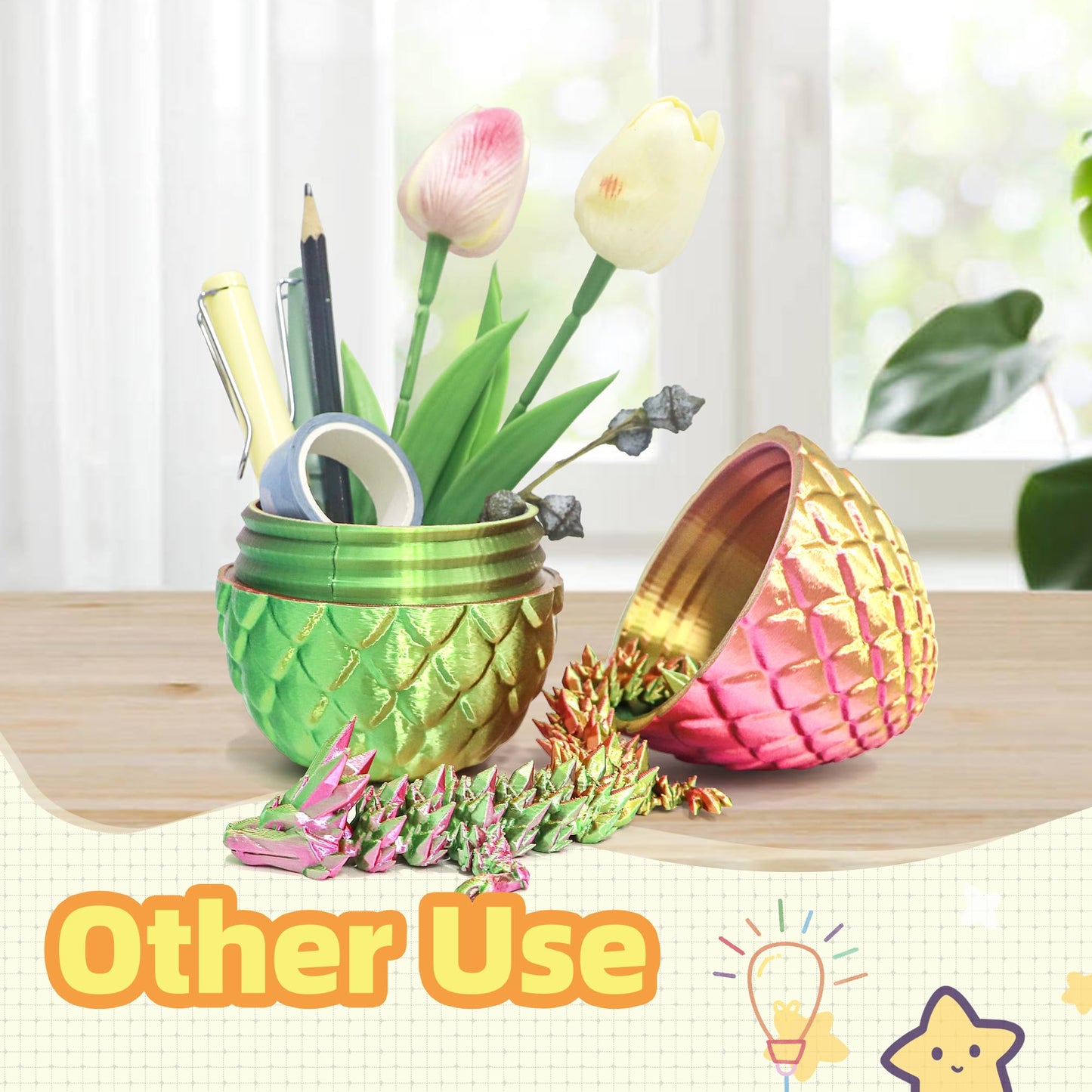 Flavery 3D Printed Dragon In Egg - Gold Green Pink - 5.1 Inch Tricolor Egg With Flexible Crystal Dragon Inside, Colorful Fidget