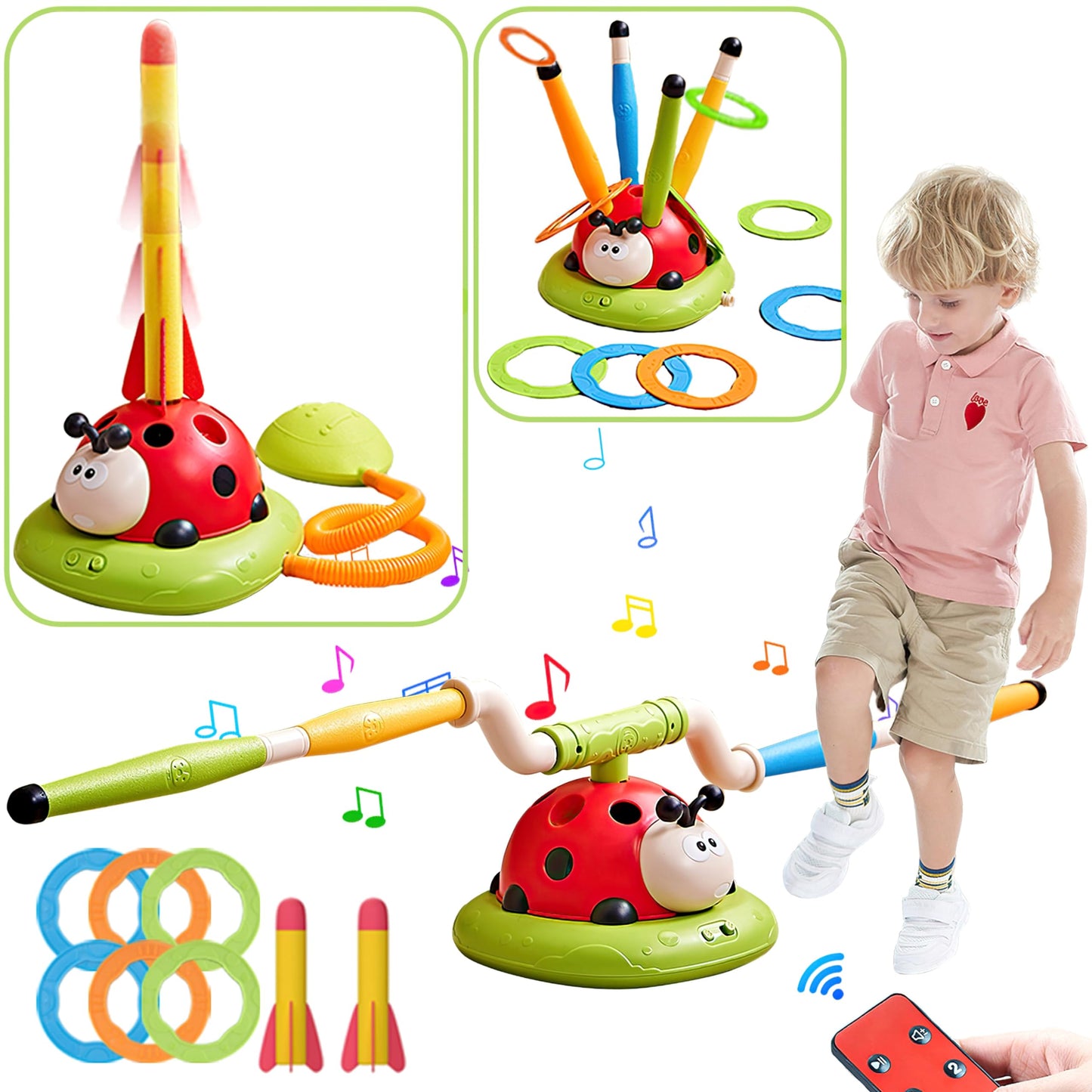 Powza 3 In 1 Musical Jump, Toss Ring Game Toy And Stomping Launch Rocket Launcher For Kids Outdoor Toys With Remote Control, Ind
