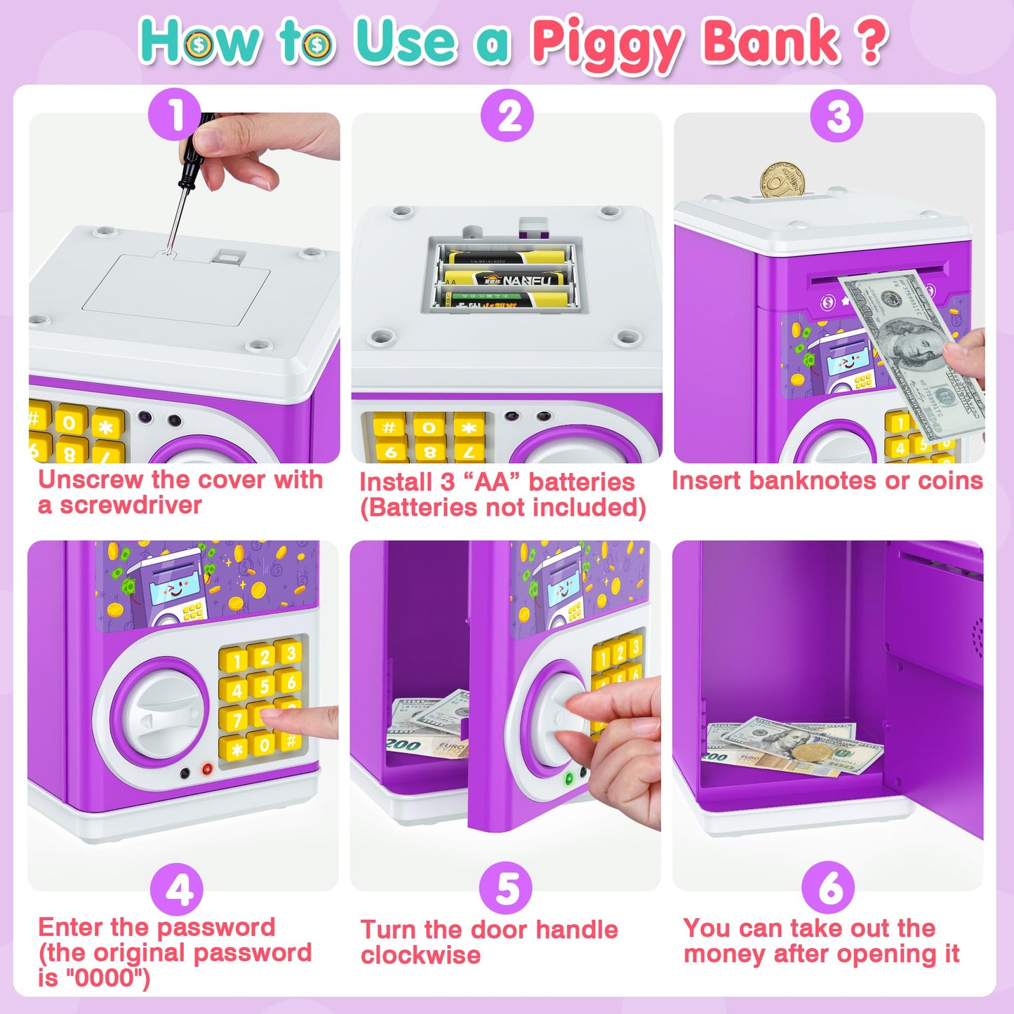 Purple Piggy Bank For Kids, Cash Coin Can Atm Bank Electronic Coin Money Bank For Kids-Hot Gift, Great B-Day Xmas Toy Gifts For