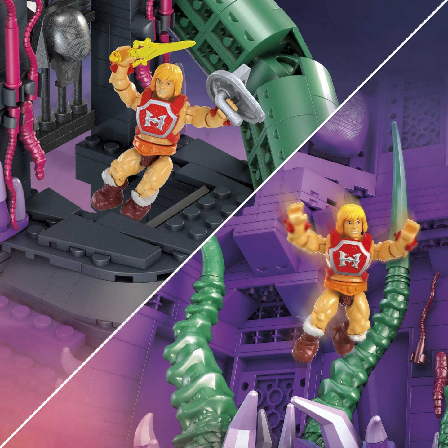 Mega Masters of The Universe Building Toys Set - Snake Mountain, 3802 Pieces, 24" Wide, 6 Micro Action Figures, Multicolor, Model HHD16