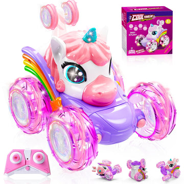 Unicorn Remote Control Car for Girls, 360 Rotating 4WD Stunt RC Cars with Cute Lights, Rechargeable Car Toys Birthday Gifts for