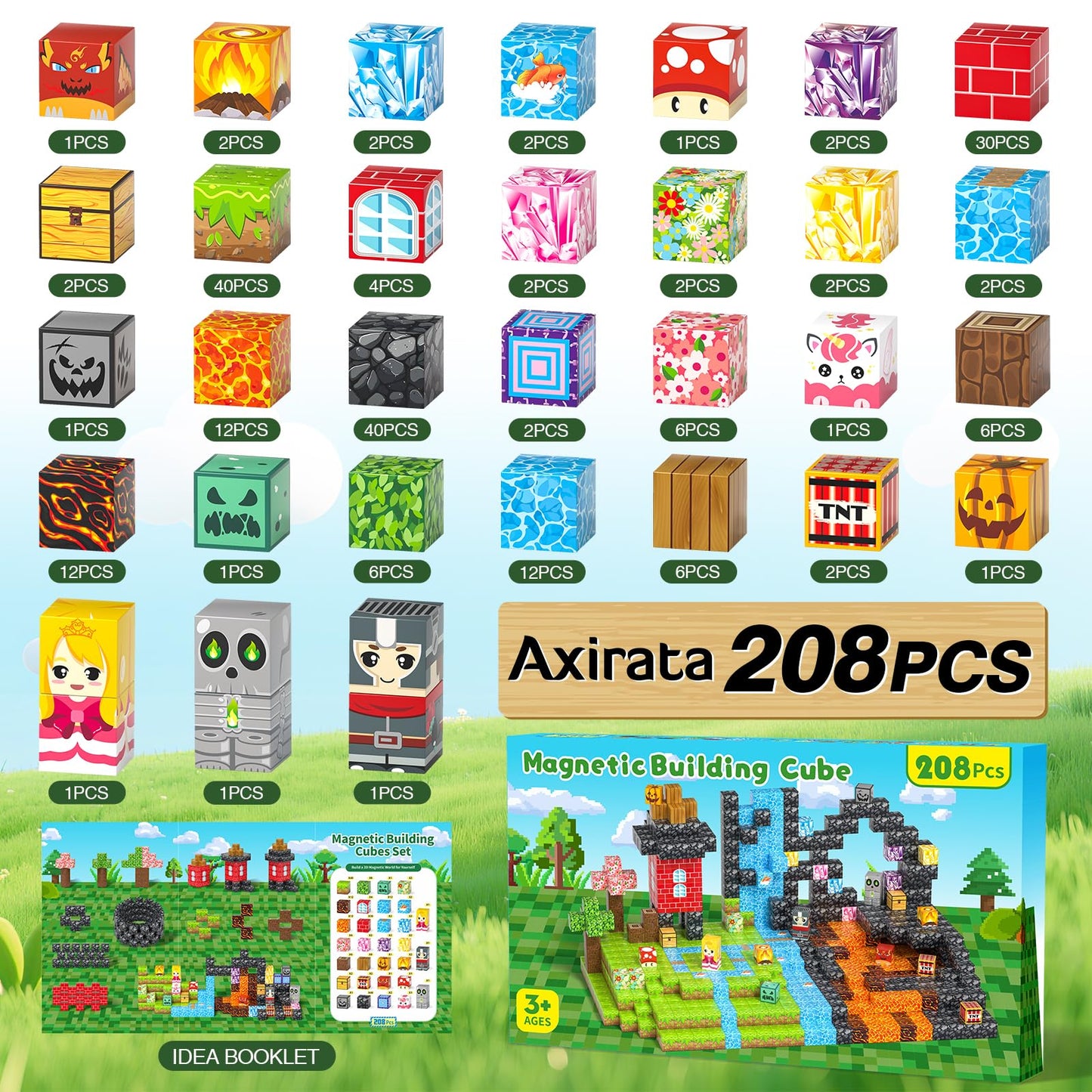Axirata 208 Pcs Magn-Etic Building Blocks, Magn-Etic Block Building Cubes Set For Kids Toddlers Ages 3+, Stem Sensory Toys Mag-N