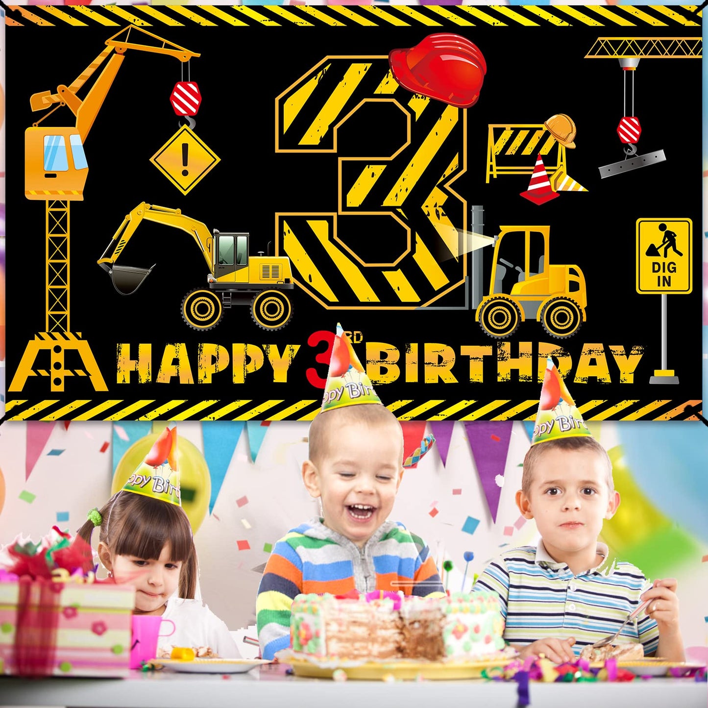 Construction 3rd Birthday Banner Decorations for Boys Kids, Dump Truck Construction Theme Three Birthday Party Supplies, Excavat