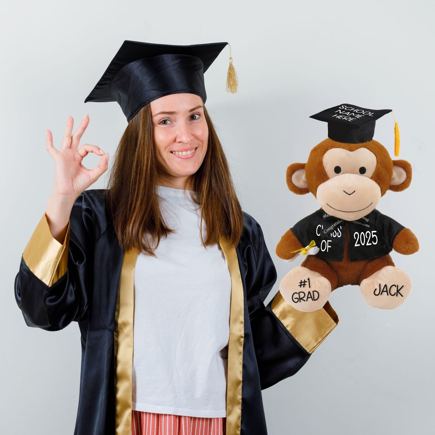 Personalized Graduation Teddy Bear Monkey Gift 2025 For Her, For Him, For High School, College, 12 Inch - Cute Custom Brown Monk