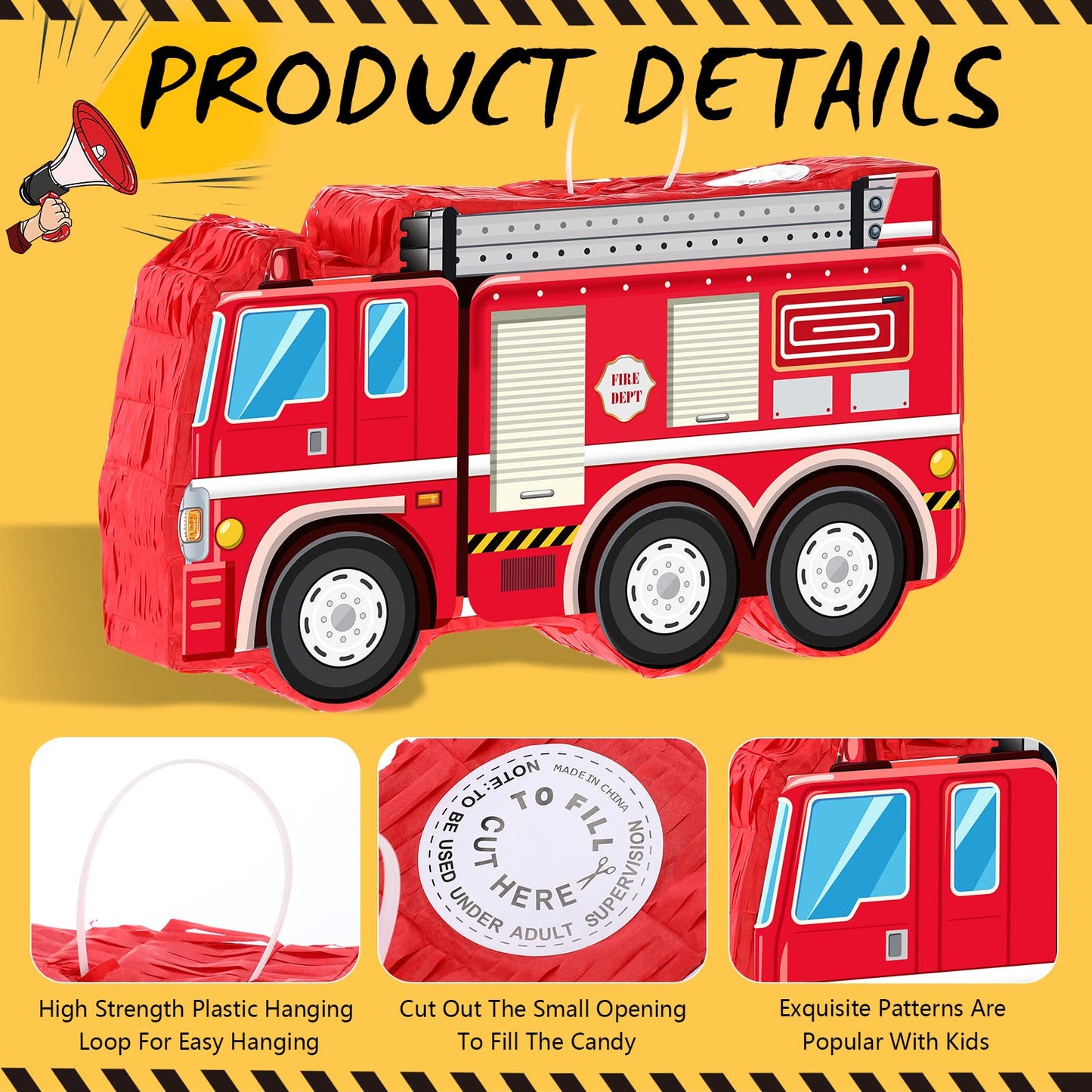 Aoriher Fire Truck Piñata - 16.14" x 8.9" x 3.15", Cardboard, Includes Blindfold, Bat & Confetti, Perfect for Kids