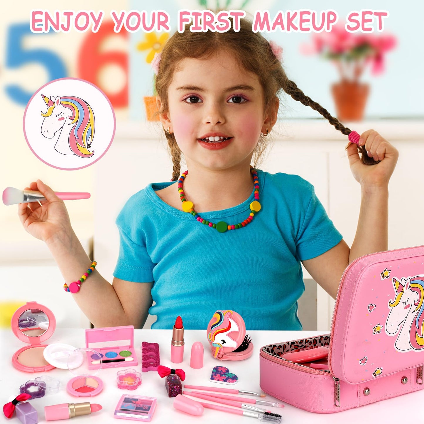 Flybay Kids Makeup Kit - Washable Makeup Set for Girls, Pink, Model Flybay-Makeup-02, Ideal for Ages 4-8, Great Gift for Birthdays & Christmas