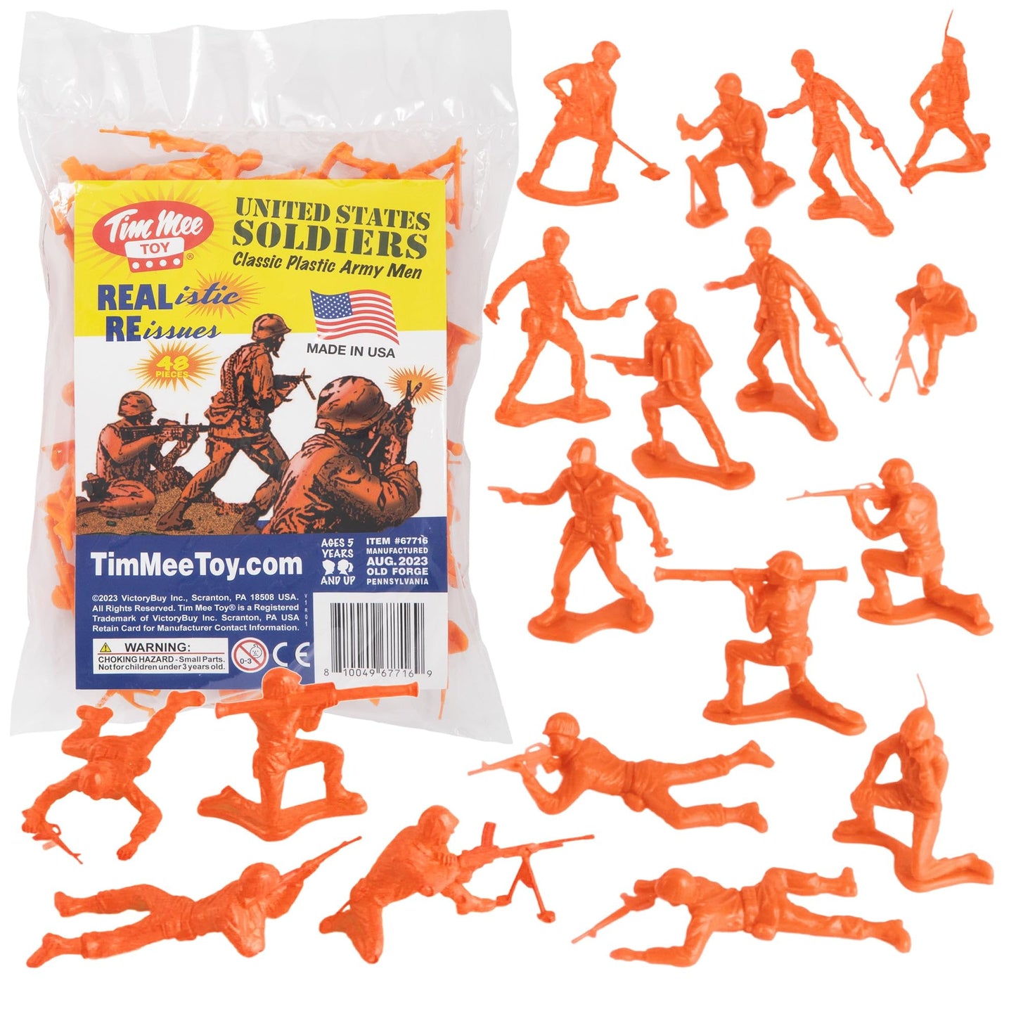 Tim Mee Plastic Army Men - Orange Toy Soldier Figures - 48pc Medium Set - Made in USA