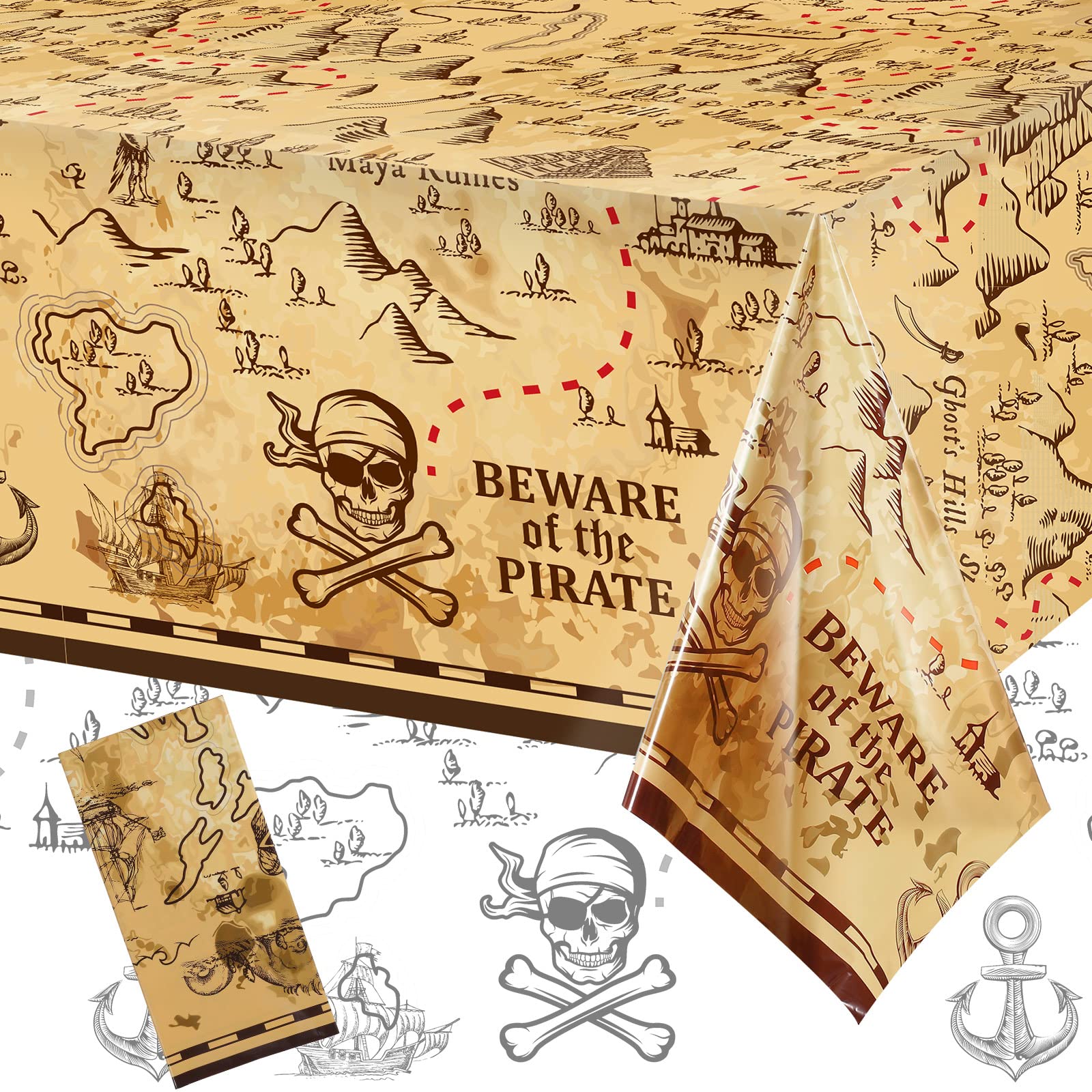 Irenare Pirate Party Tablecloth Treasure Map Tablecover Plastic Island Treasure Table Covers Pirate Nautical Supplies for Birthd