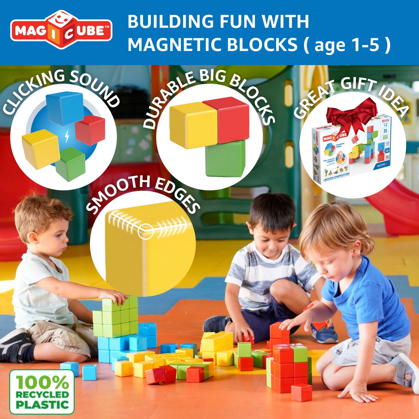 Geomag Magnetic Blocks | 24 Pieces 1.57 inch Large Blocks for Toddlers 1-3 | STEM Preschool Educational Building Cube Set for Cr