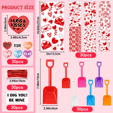 YUJUN 150 Pieces Valentine's Day Plastic Shovels for Kids I DIG You Sand Shovels Valentines Cards Cellophane Treat Candy Bags fo