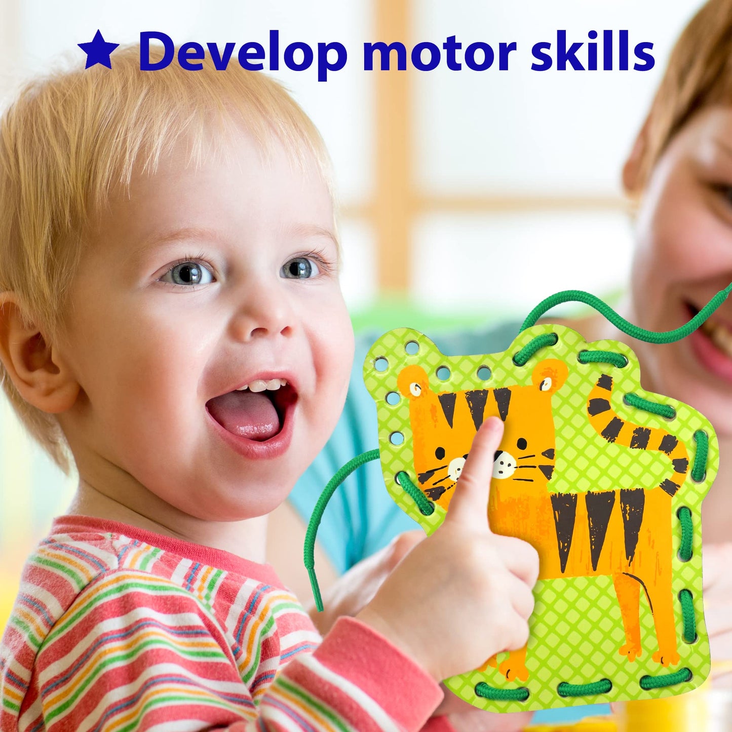 KRAFUN Beginner Preschool Lacing Card Kit for Kids Arts & Crafts, 5 Easy Safari and Animal Lacing Projects, Lacing Cards for Tod