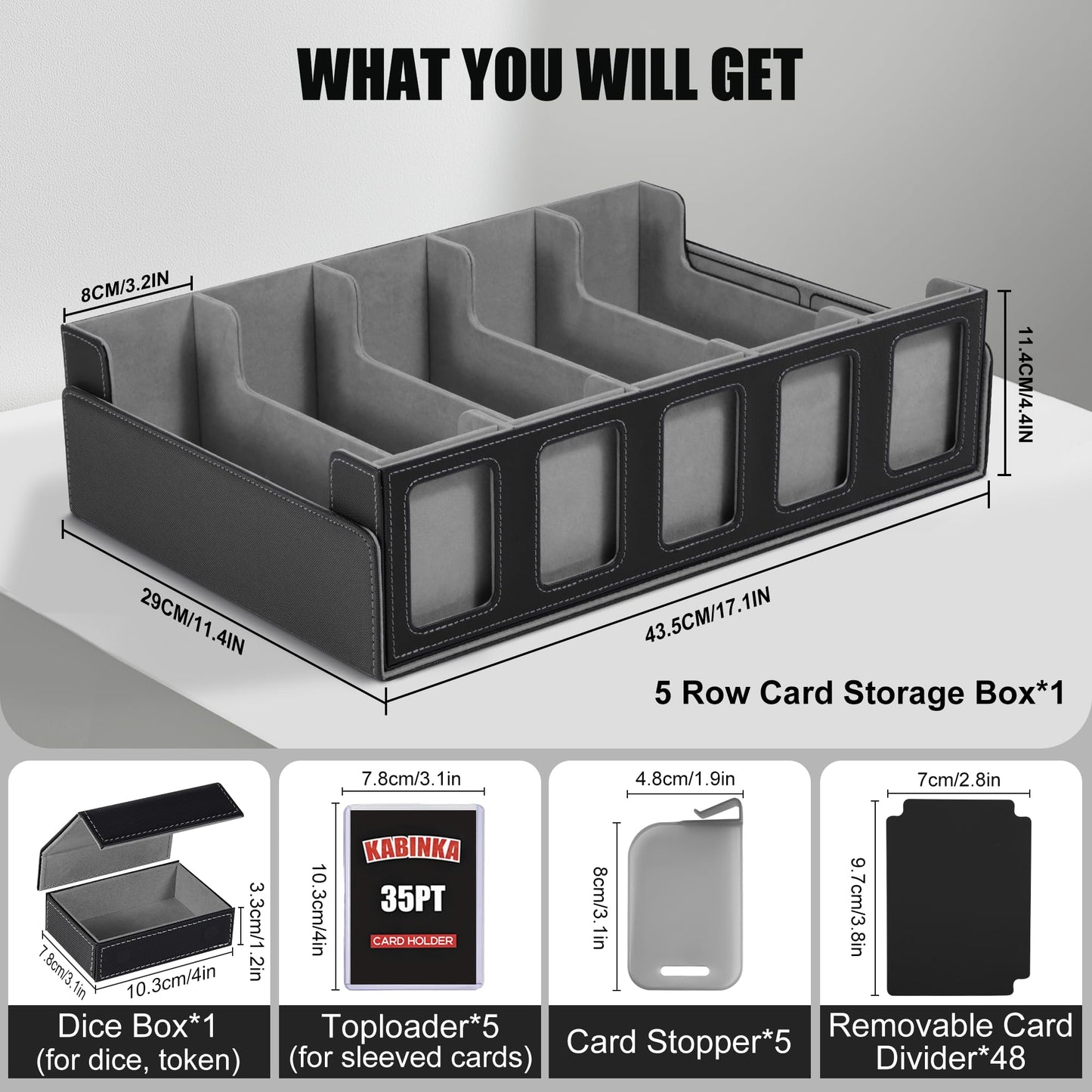 Kabinka Trading Card Storage Box with Commander Display  5-Row Deck Case with Removable Lid; 3900+ Card Deck Box for MTG TCG Sports Card  5 Toploaders  5 Stoppers  48 Dividers 1 Dice Tray (Black)