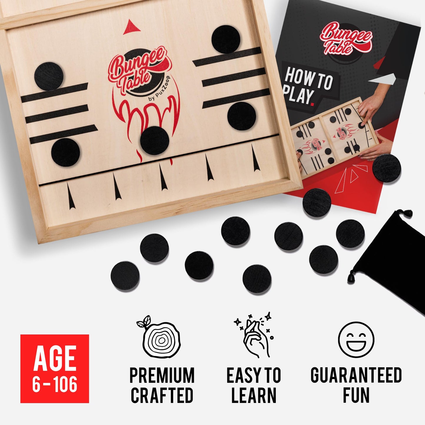 Bungee Table Fast Sling Puck Game - Xl Size - Test Your Speed And Accuracy With This Fast-Paced Wooden Air Hockey Board Game - F
