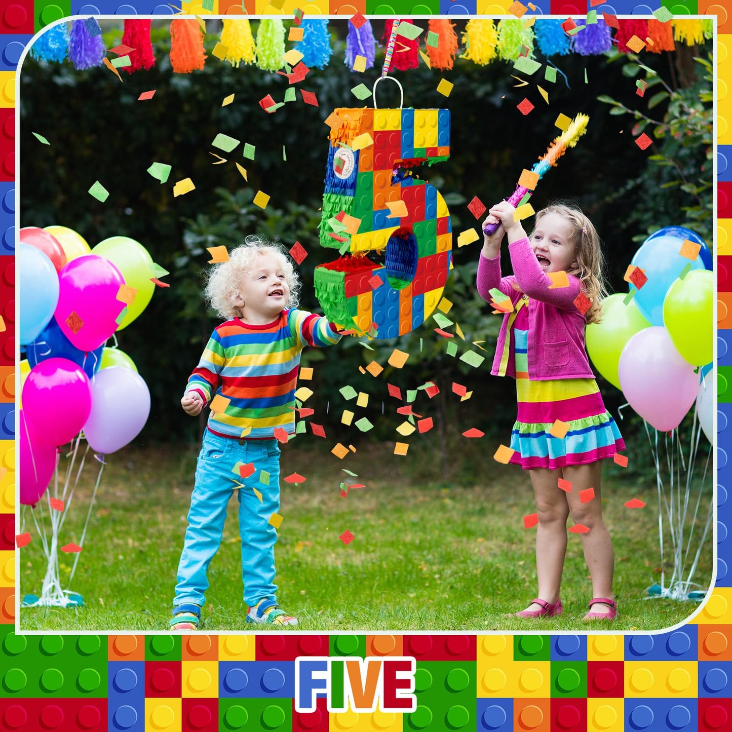 RoundFunny Number 5 Building Blocks Piata 16.5 Inch Party Supplies 5th Birthday Party Decorations Piata with Confetti Blocks The