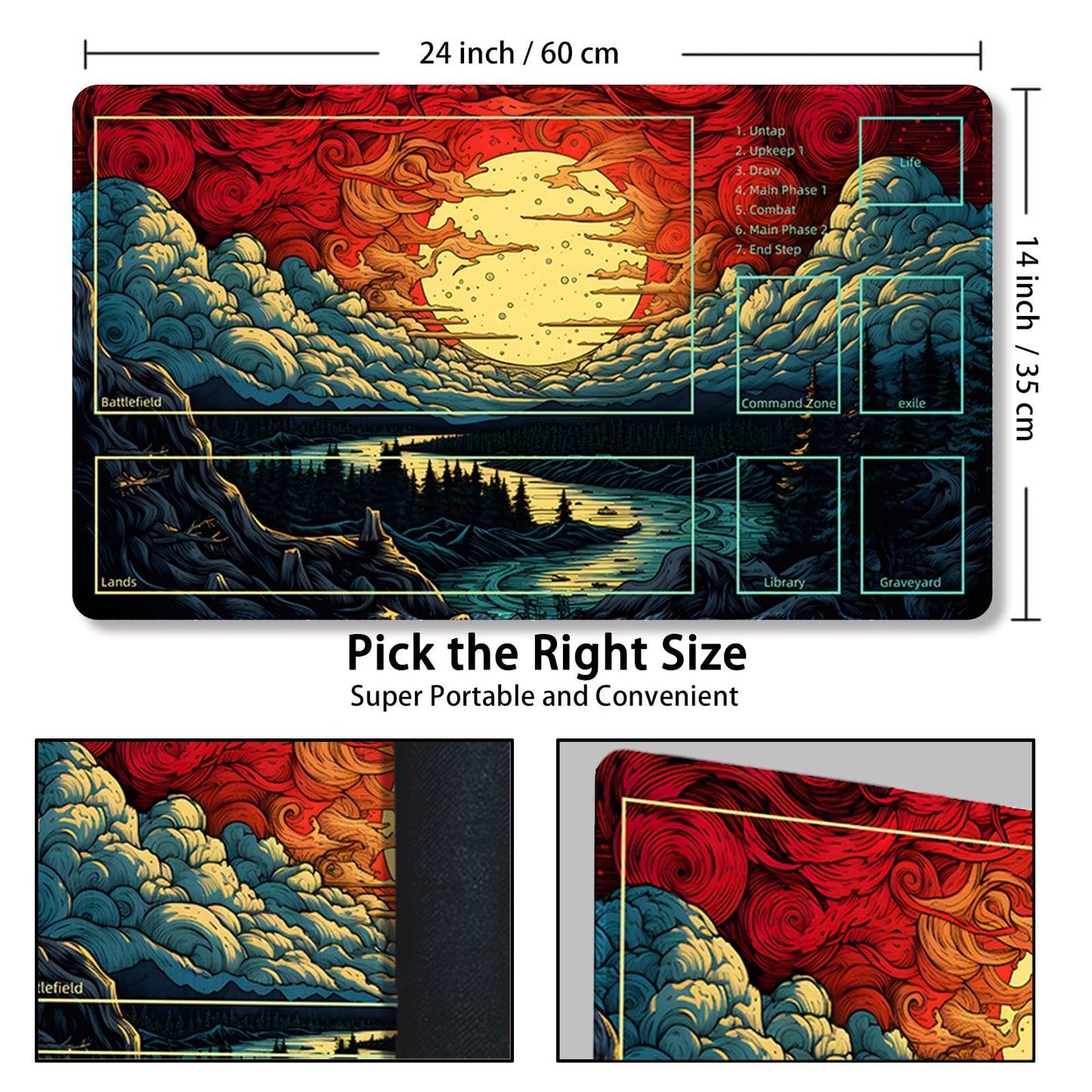 Malqiqi Playmat For Mtg, With Free Storage Bags,Game Mat 24 X 14 Inches, Tcg And Board Game Mat For Cards,Mousepad Desk Mats (With Zones,Magic Mat 9)