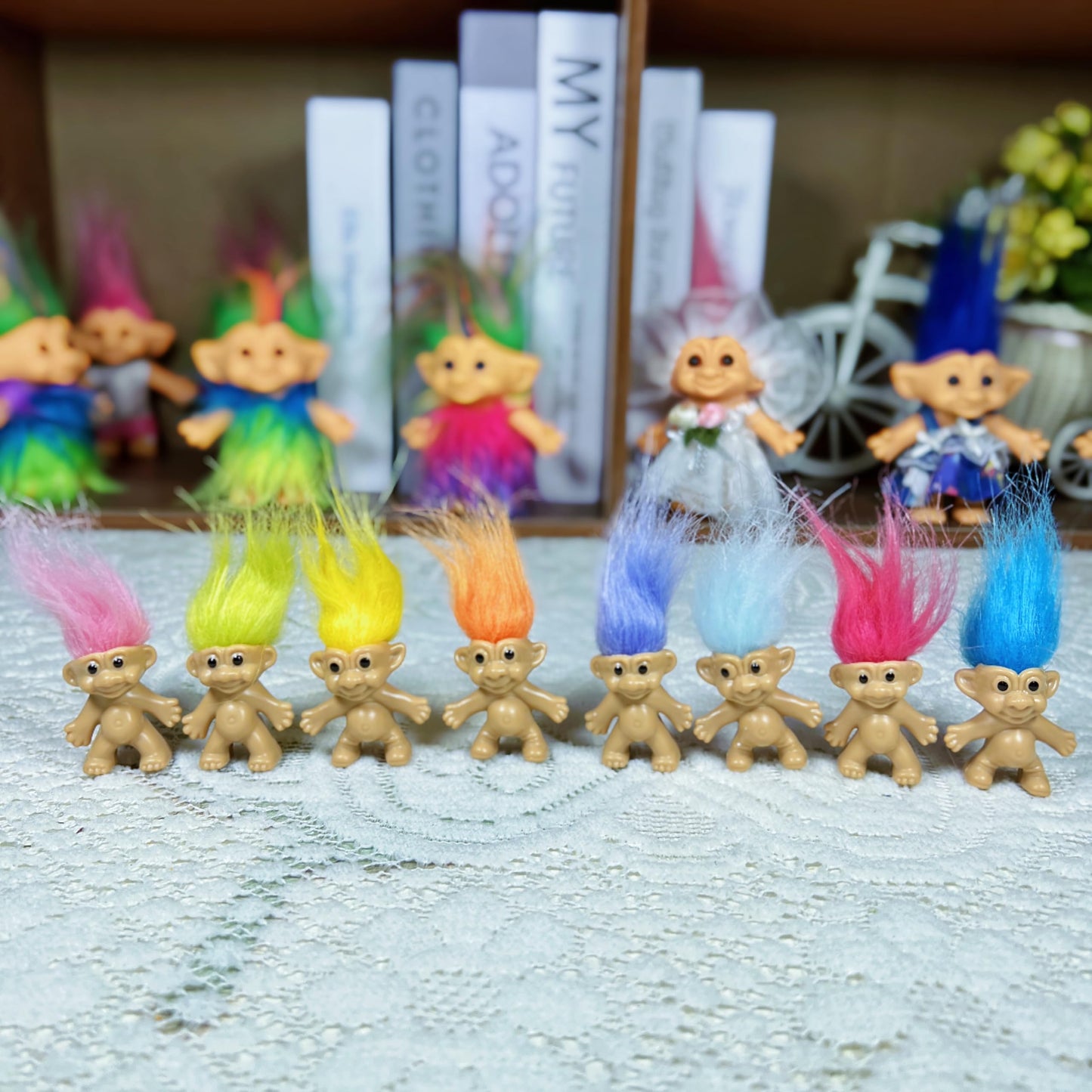 8pcs Mini Troll Pencil Toppers with Hair, Vintage Lucky Troll Dolls Pencil Topper(pencils not included)