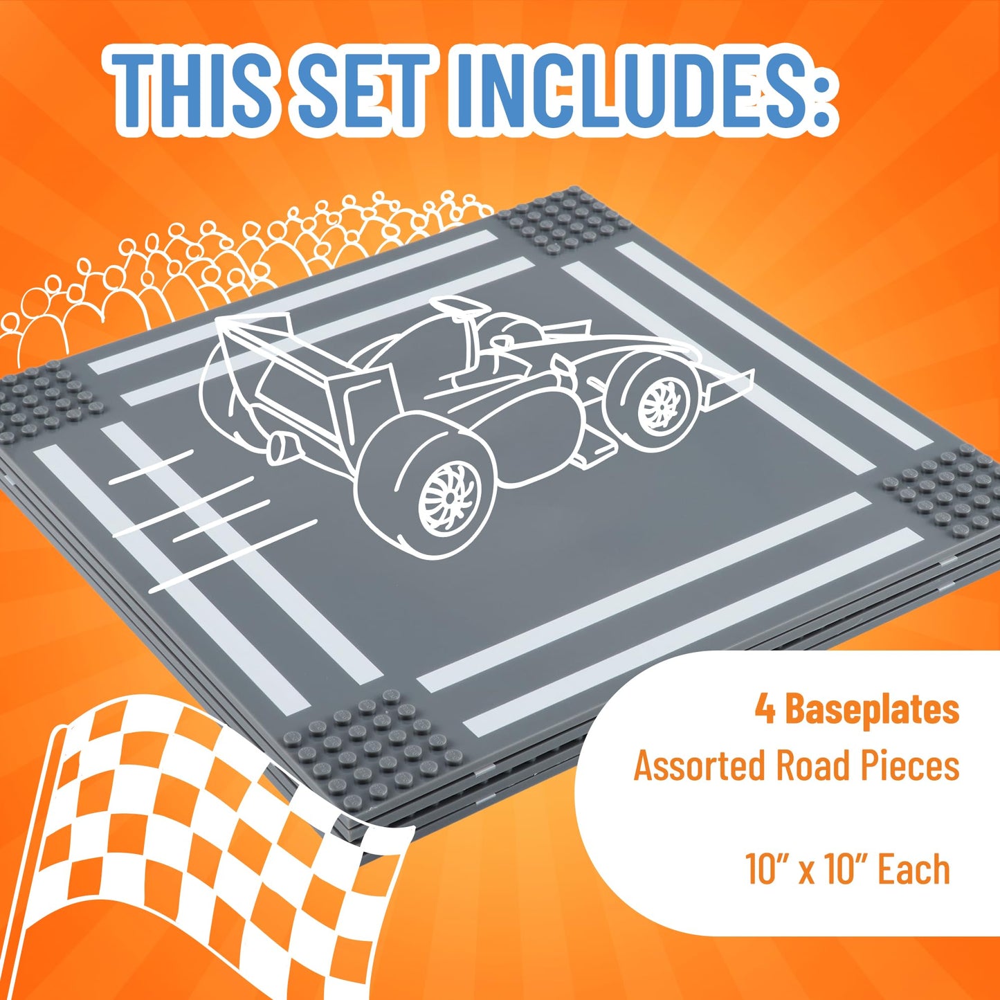 Strictly Briks Compatible With Lego Building Blocks Road Plates 10' X 10', 4 Pack Brick Baseplates For City Road, Street, Race Track, Classic Size (2 Straight + 1 Curved + 1 Intersection)