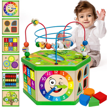 Wooden Activity Cube For 12-18 Month, 1 Year Old Boys & Girls, 7-In-1 Stem Montessori Early Developmental Learning Toys For Kids