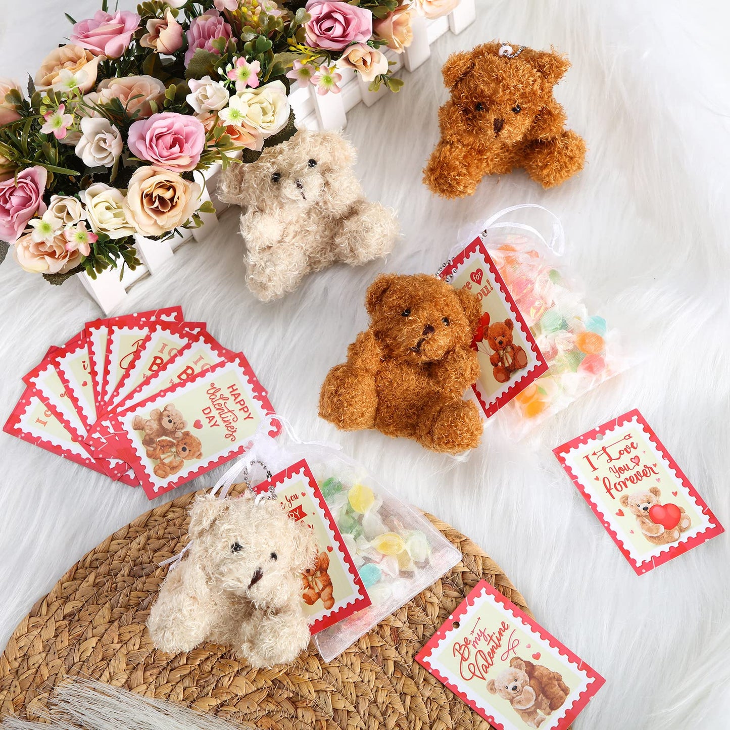 Deekin Set Of 24 Valentine'S Day Mini Plush Bears With Greeting Cards And Organza Bags For Valentines Day Gifts Stuffed Little P