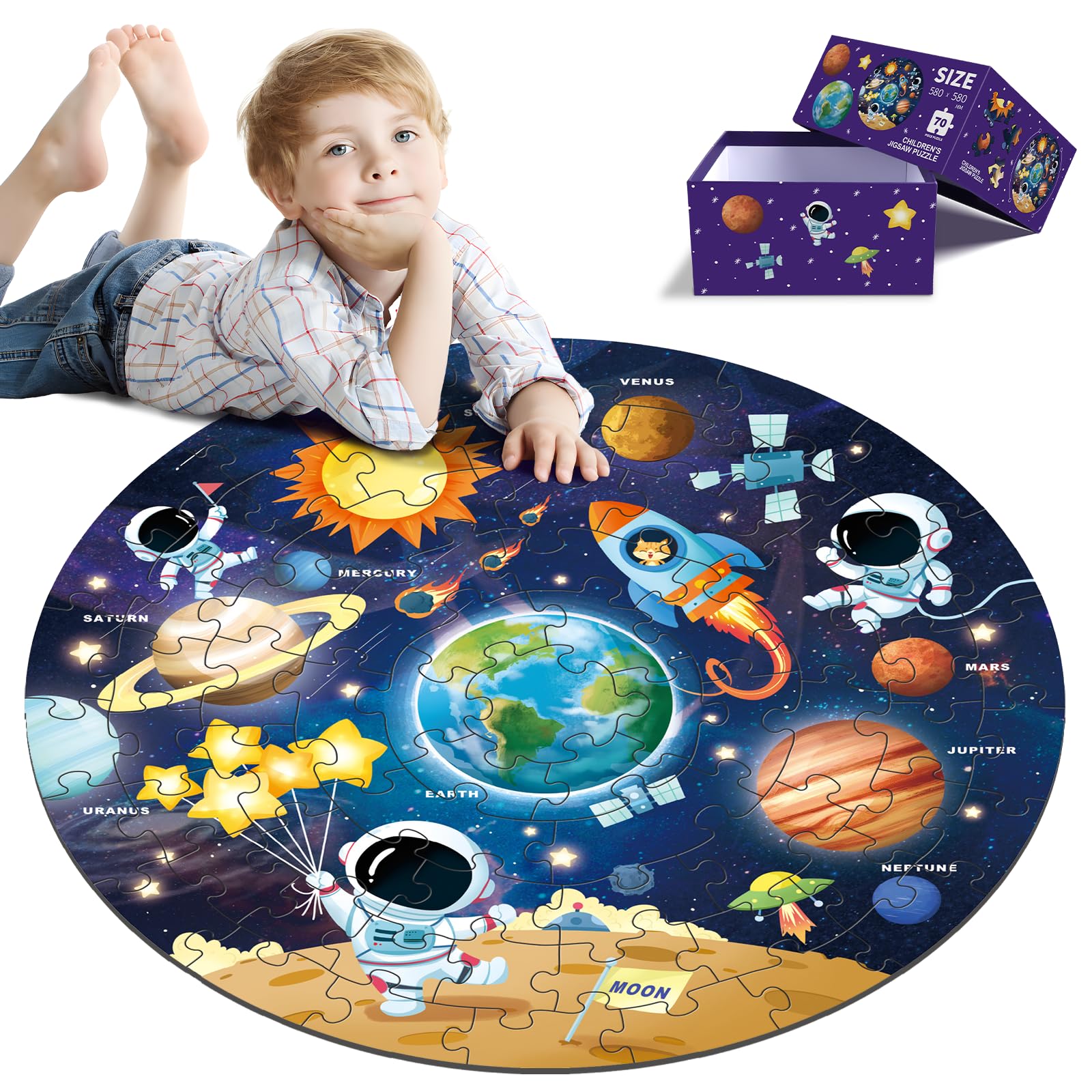 Round Jigsaw Puzzles,Floor Puzzle For Kids,Large 70 Piece Puzzle For Toddler Ages 3-5,Preschool Learning Educational Toy Christmas Birthday Gift For 4-8 Years Old Boy Girl (Solar)