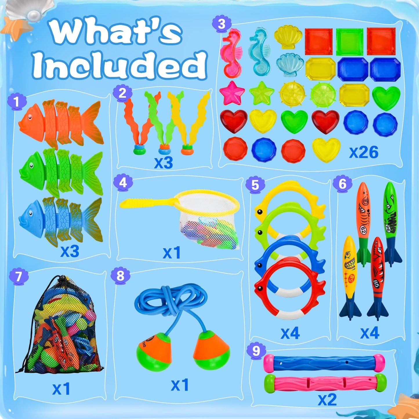 YGSEPCC 45 Pcs Pool Diving Swimming Toys for Kids Ages 3-12 Summer Pool Game Toys Set with Diving Door Diving Stick Fish Ring Ge