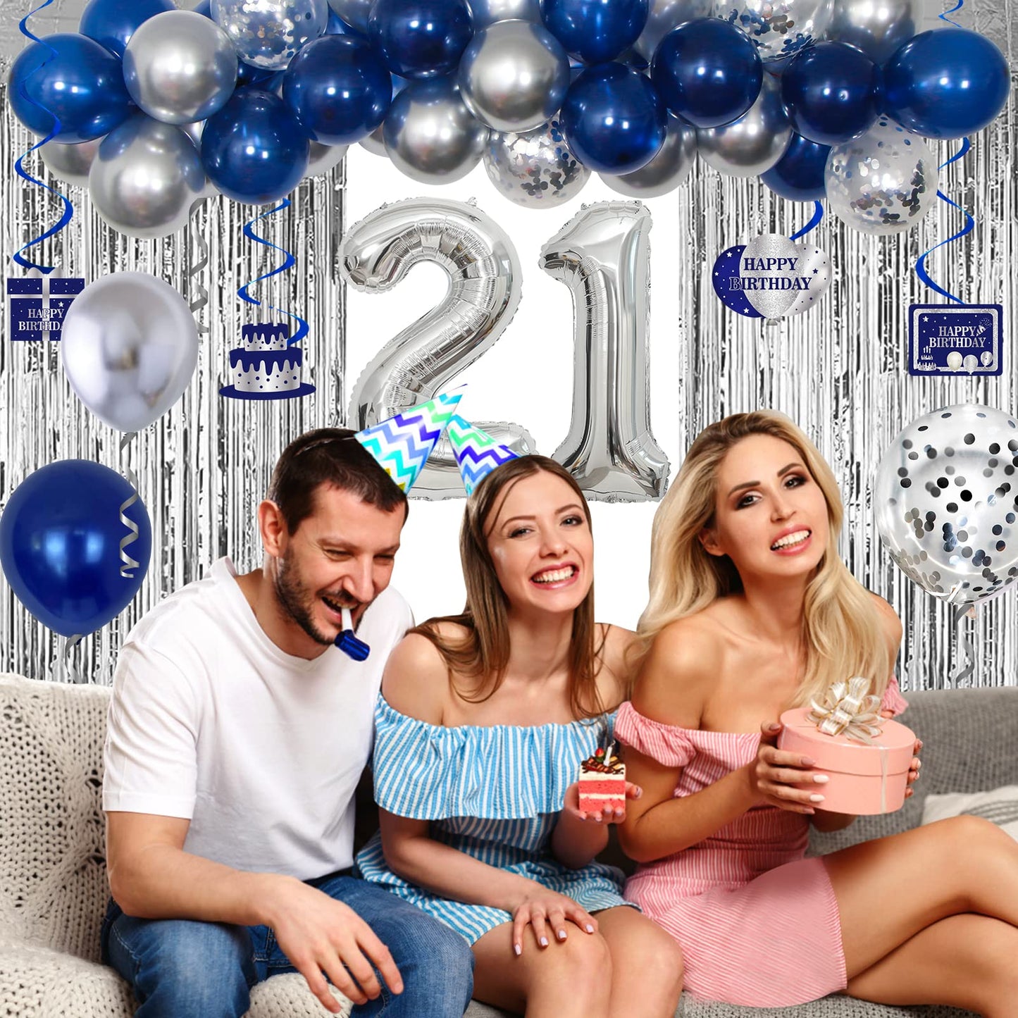 21St Birthday Decorations For Him, Blue Silver Happy 21St Birthday Decorations For Boys Men, 21St Birthday Balloons Banner Table