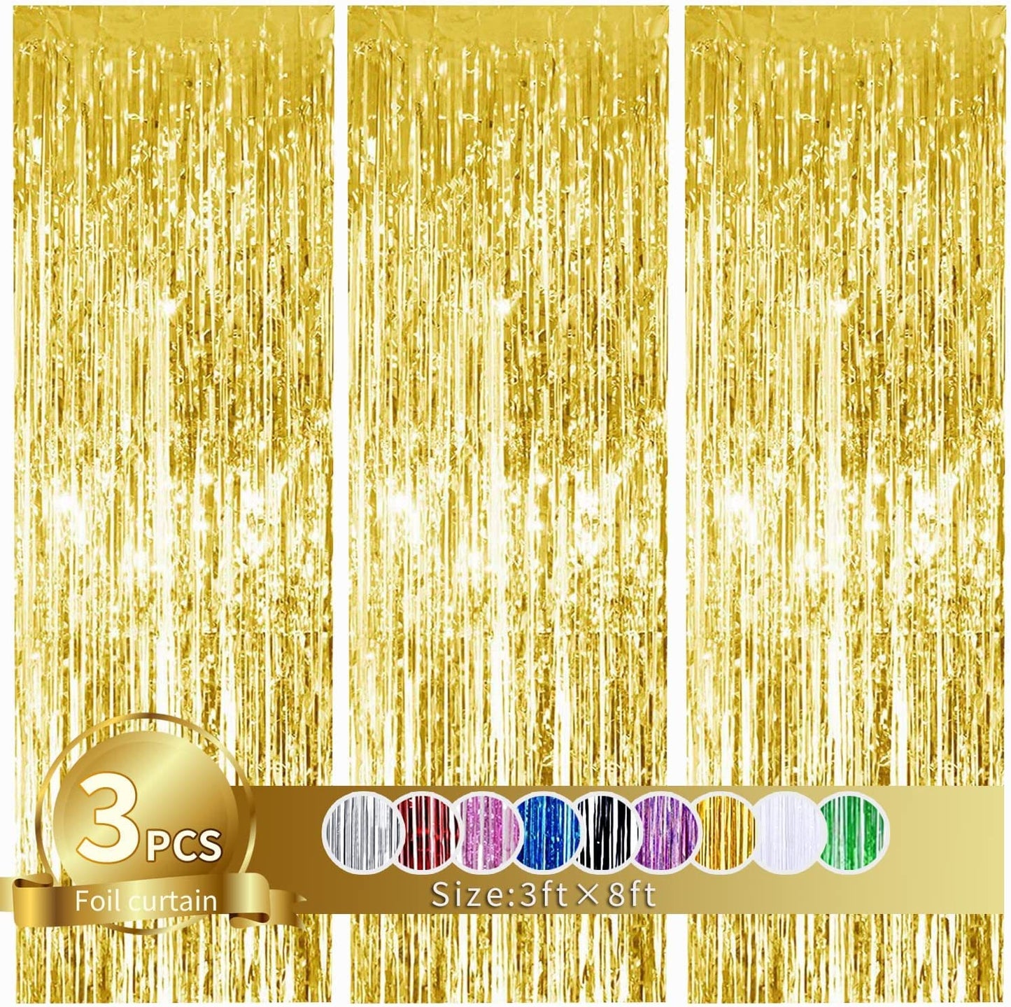 3Pcs Gold Metallic Tinsel Foil Fringe Curtains,3.2ft*8ft Gold Photo Booth Backdrop Streamer,Photo Booth Props,for Party Door Wal