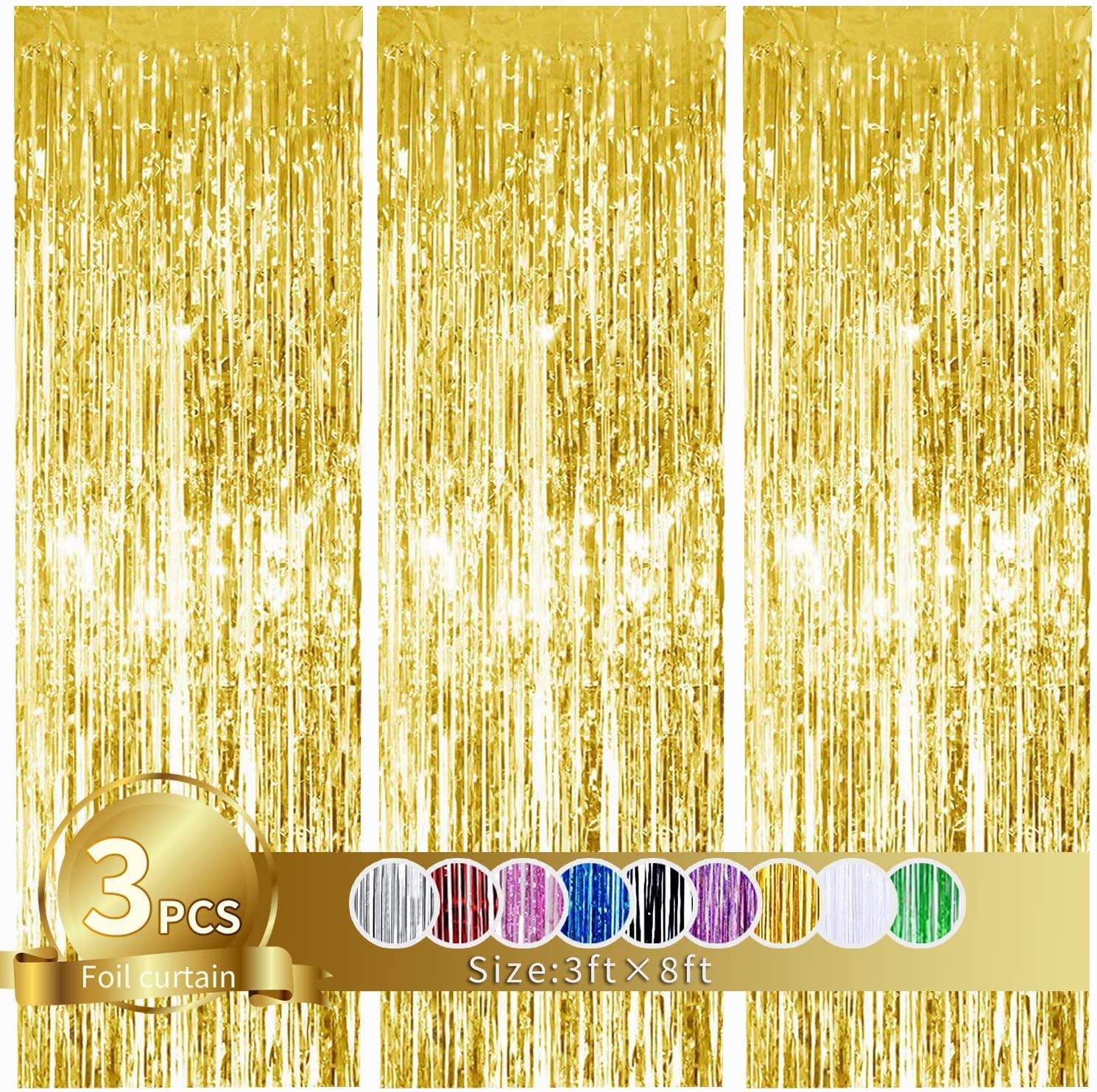 3Pcs Gold Metallic Tinsel Foil Fringe Curtains,3.2ft*8ft Gold Photo Booth Backdrop Streamer,Photo Booth Props,for Party Door Wal