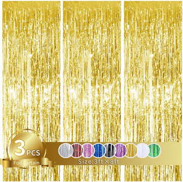 3Pcs Gold Metallic Tinsel Foil Fringe Curtains,3.2ft*8ft Gold Photo Booth Backdrop Streamer,Photo Booth Props,for Party Door Wal