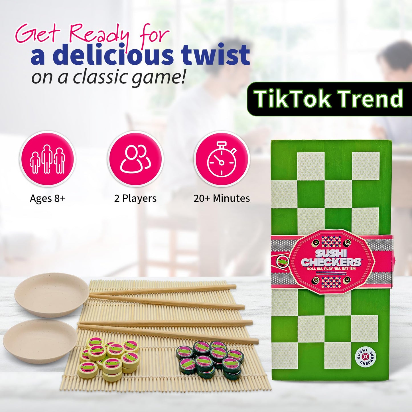 Project Genius: Sushi Checkers - Game & Sushi Making Set, Folding Bamboo Game Board, 24 Checkers & Chopsticks Set, Adults & Kids
