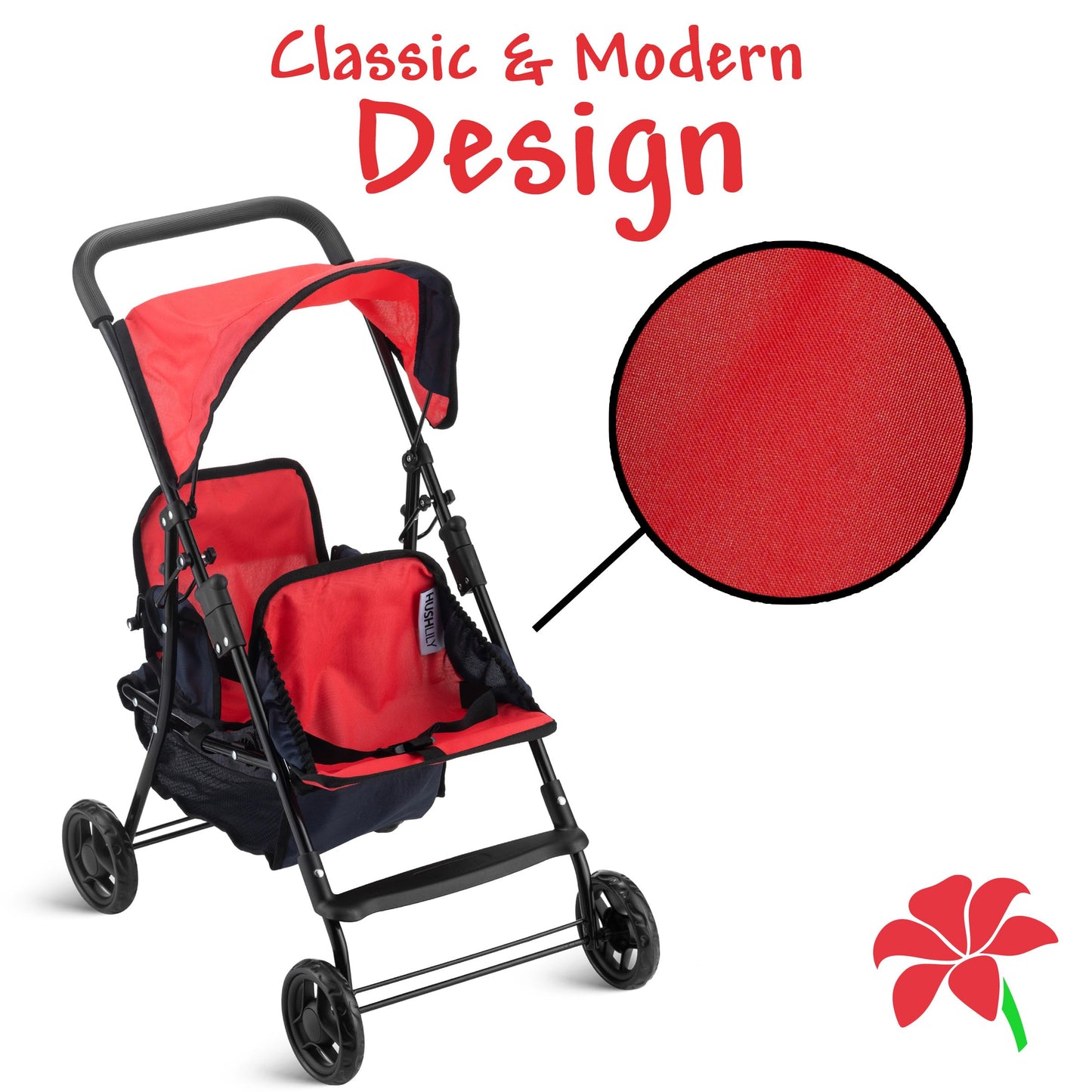 Hushlily® Tandem Double Doll Stroller With Adjustable Canopy & Basket, Foldable, With Smooth Rolling Wheels (Red & Blue)