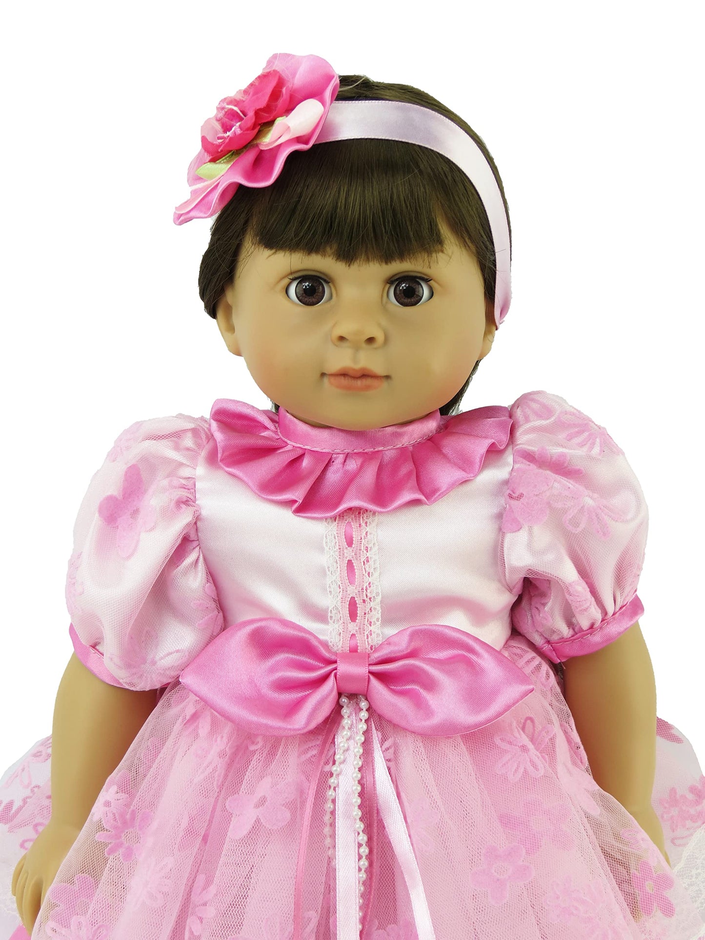 American Fashion World Pink Flower Dress 3 Piece Set for 18-Inch Dolls | Bear and Headband Included | enhanced Quality & Trendy Design | Dolls Clothes | Outfit Fashions for Dolls for Popular Brands