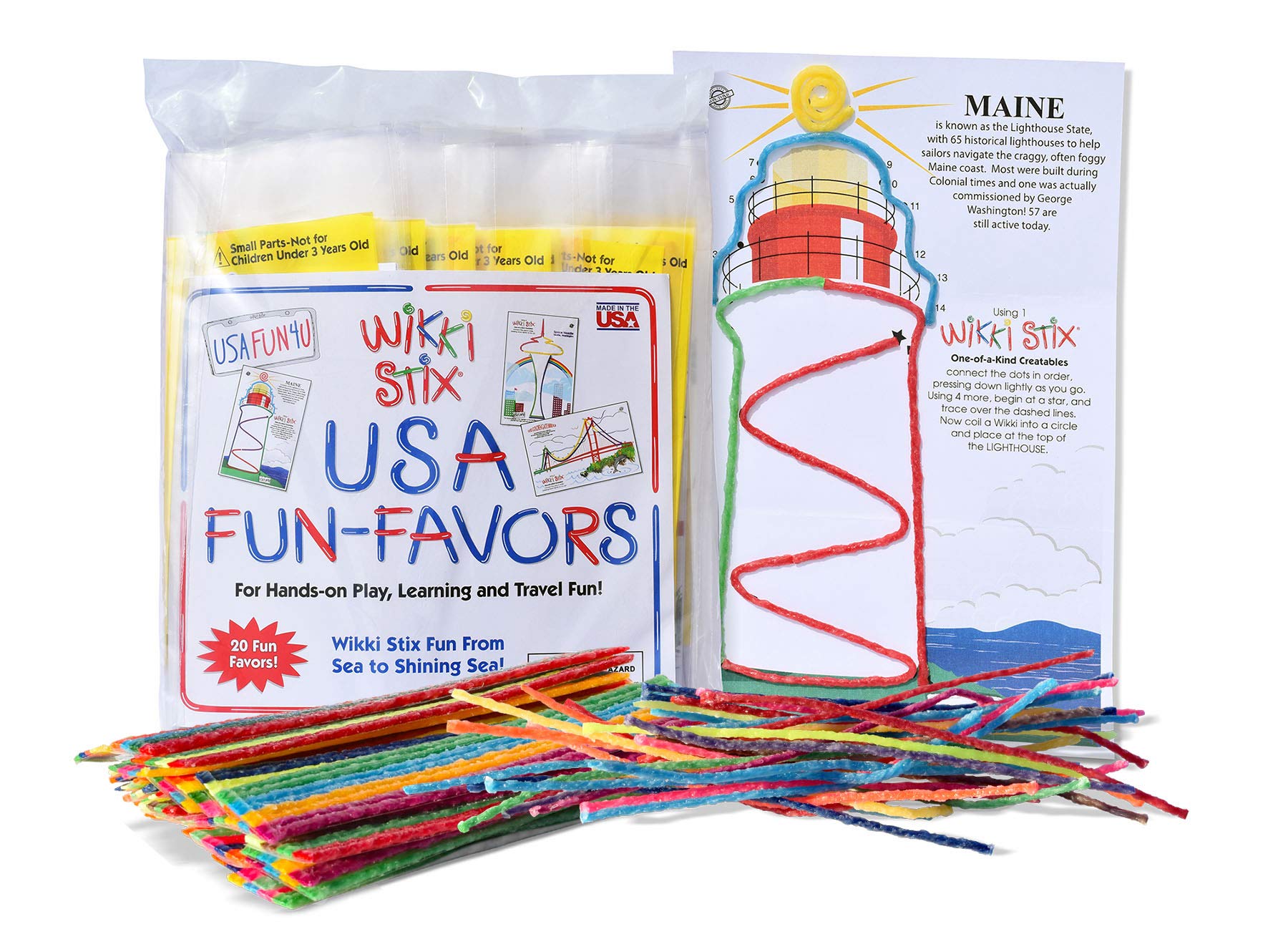WIKKI STIX USA Fun Paks, Travel Essential for Road Trips, Featuring USA Landmarks and Locations, Made in USA. Pack of 20.