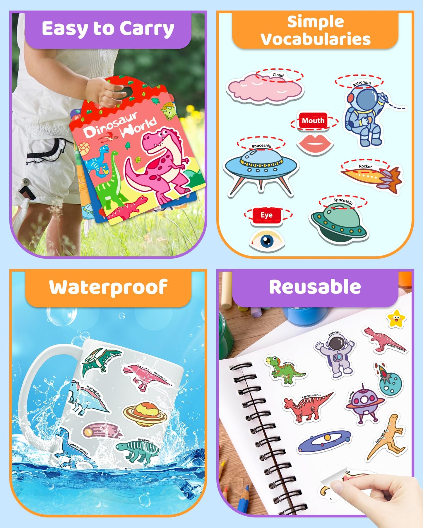 Benresive Reusable Sticker Books For Kids 2-4, Sticker Books For Toddlers 1-3, Toddler Sticker Book Age 2-4, Toddler Travel Toys Activities Crafts Gifts - Dinosaurs, Space And Body